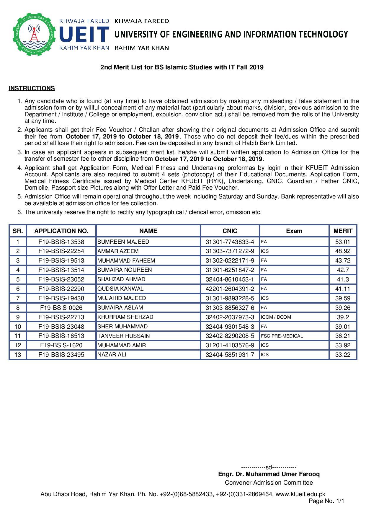 2nd Merit List for BS Islamic Studies with IT Fall 2019-page-001