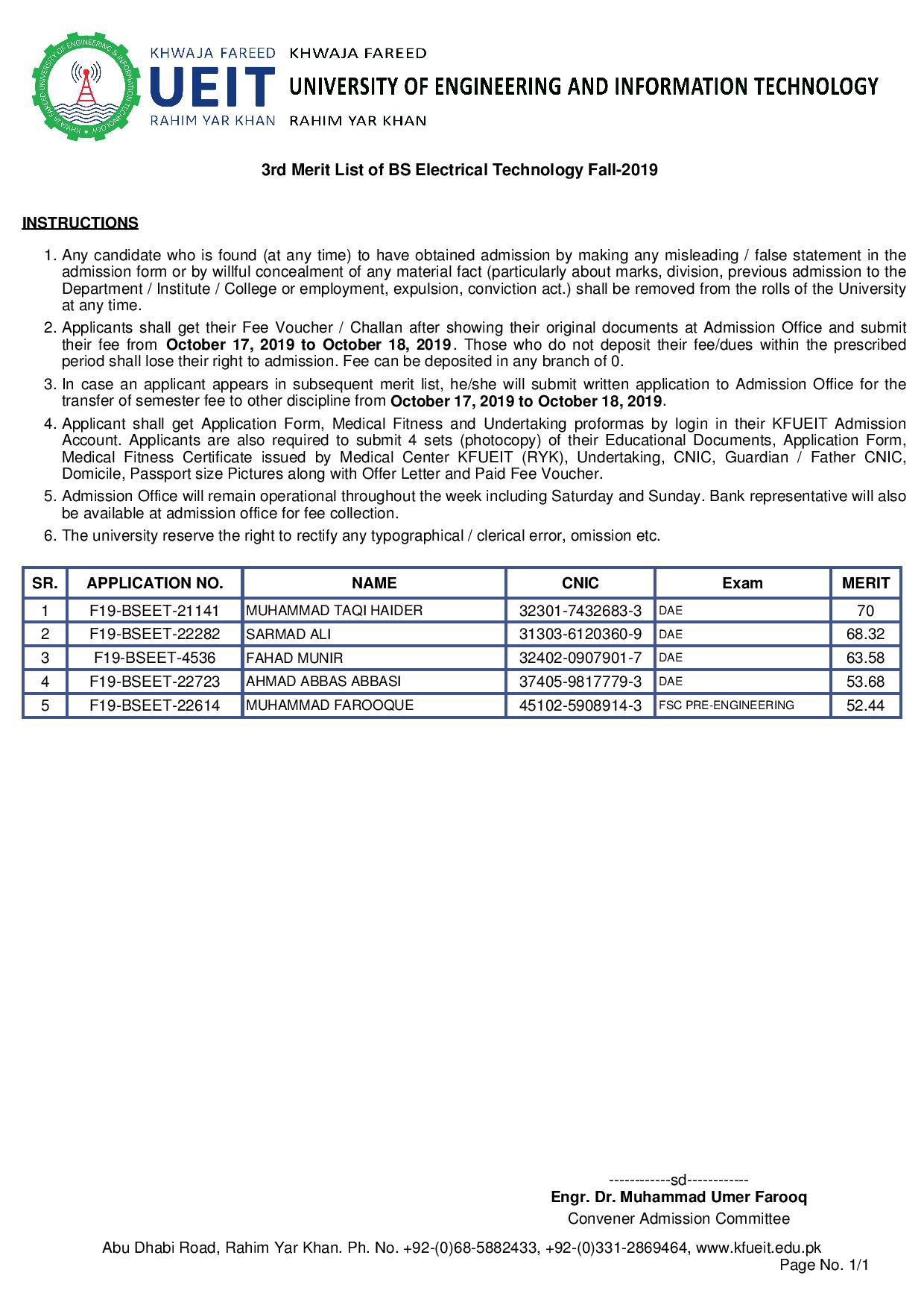 3rd Merit List of BS Electrical Technology Fall-2019-page-001